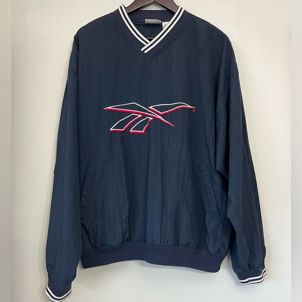 Vintage Reebok Windbreaker Warm Up V Neck Pullover 90s Mens Medium Navy Big Logo